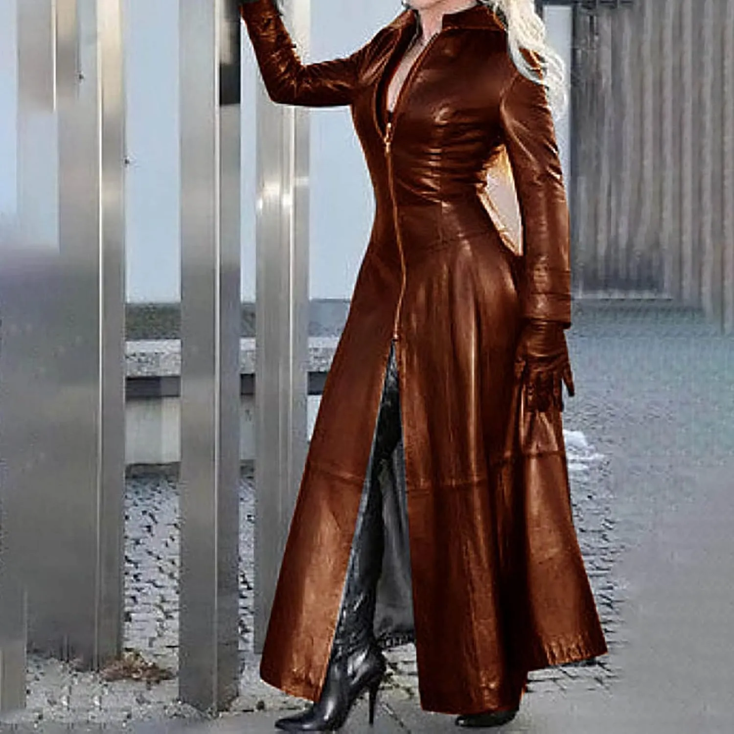 Long Leather Jacket Women Fall Winter Coats Sexy Solid Windbreaker Zipper Trench Jackets Slim Outwear