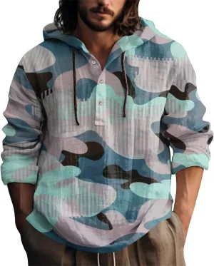 Long Sleeve Beach Hippie Tops with Hat Men's Casual Fashion Loose Trend Camouflage Long Sleeve Shirts