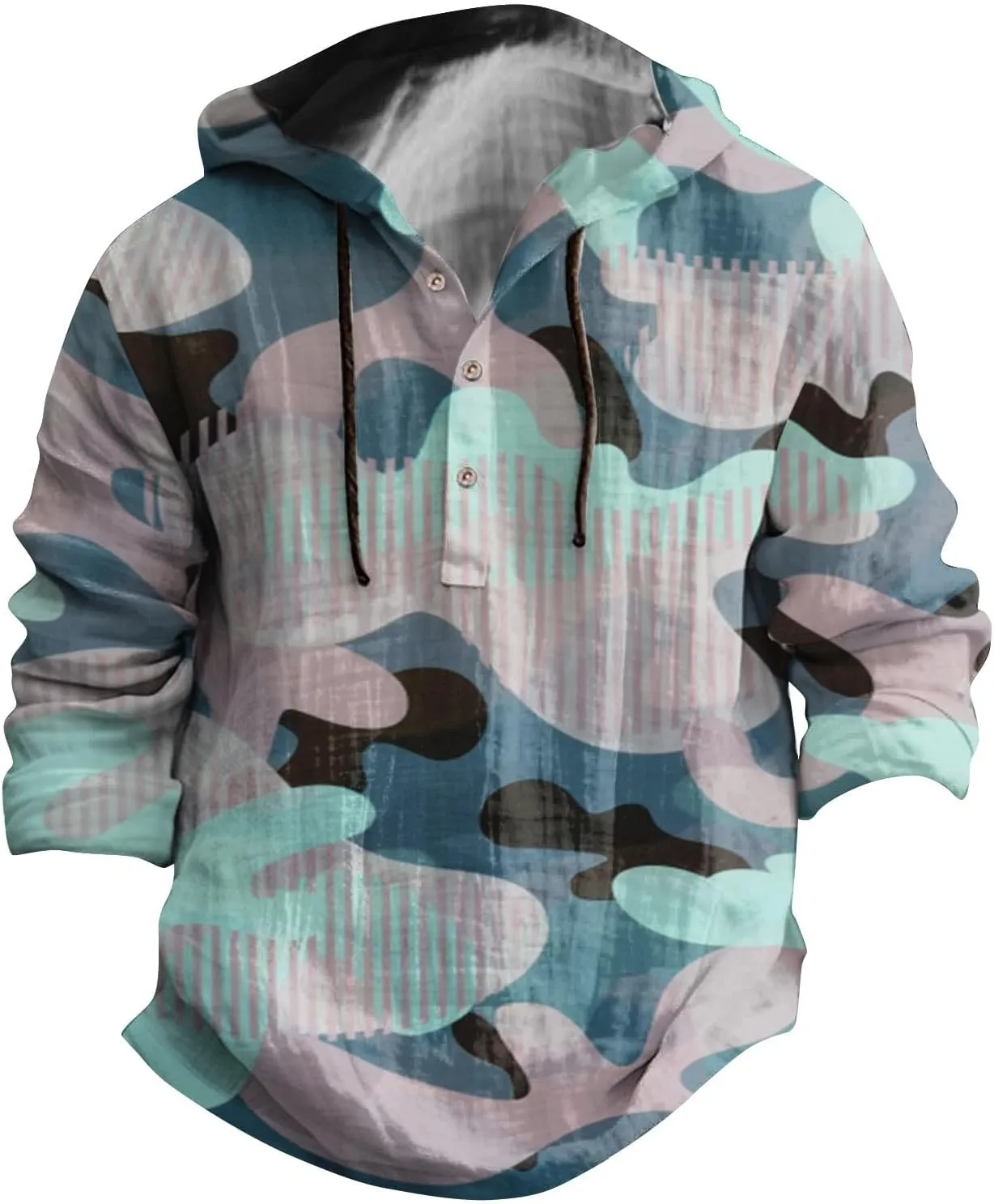 Long Sleeve Beach Hippie Tops with Hat Men's Casual Fashion Loose Trend Camouflage Long Sleeve Shirts