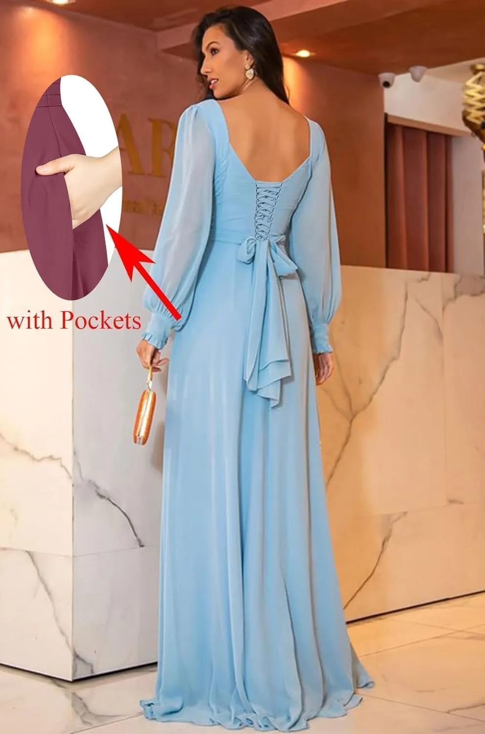 Long Sleeve Bridesmaid Dresses 2025 Chiffon Wedding Guest Dress with Slit A Line Ruched Formal Evening Gowns