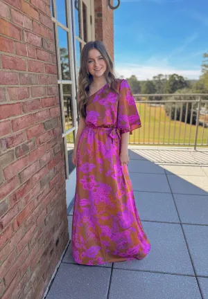Lorian Floral Meara One Shoulder Satin Maxi Dress