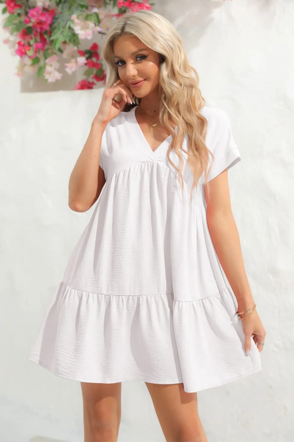 Lueluoye Women V Neck Flowy Babydoll Dresses 2025 Summer Short Sleeve Swing Shift Loose Casual Summer Mini Tunic Dress