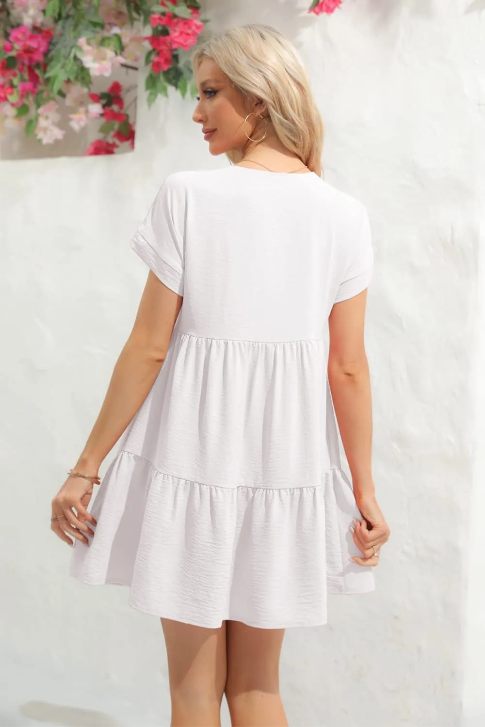 Lueluoye Women V Neck Flowy Babydoll Dresses 2025 Summer Short Sleeve Swing Shift Loose Casual Summer Mini Tunic Dress