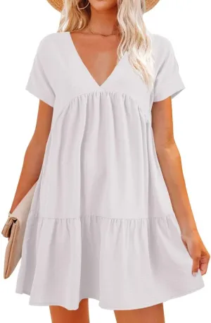 Lueluoye Women V Neck Flowy Babydoll Dresses 2025 Summer Short Sleeve Swing Shift Loose Casual Summer Mini Tunic Dress