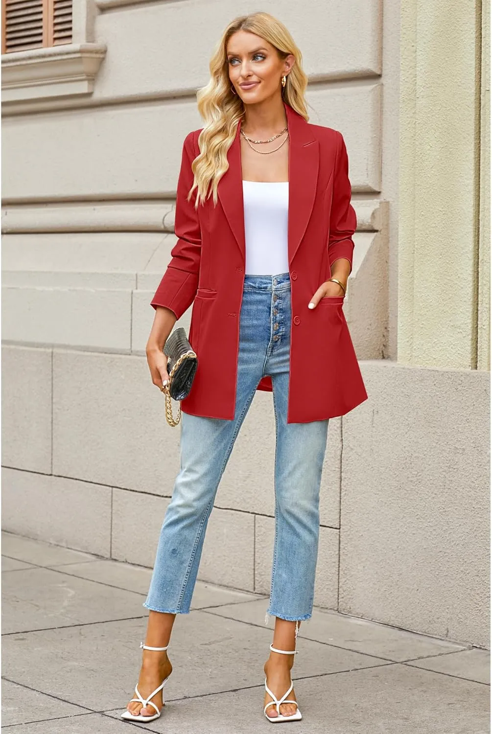 luvamia Blazers for Women Business Casual Long Blazer Jackets Dressy Work Professional Office Outfits Lapel Pockets