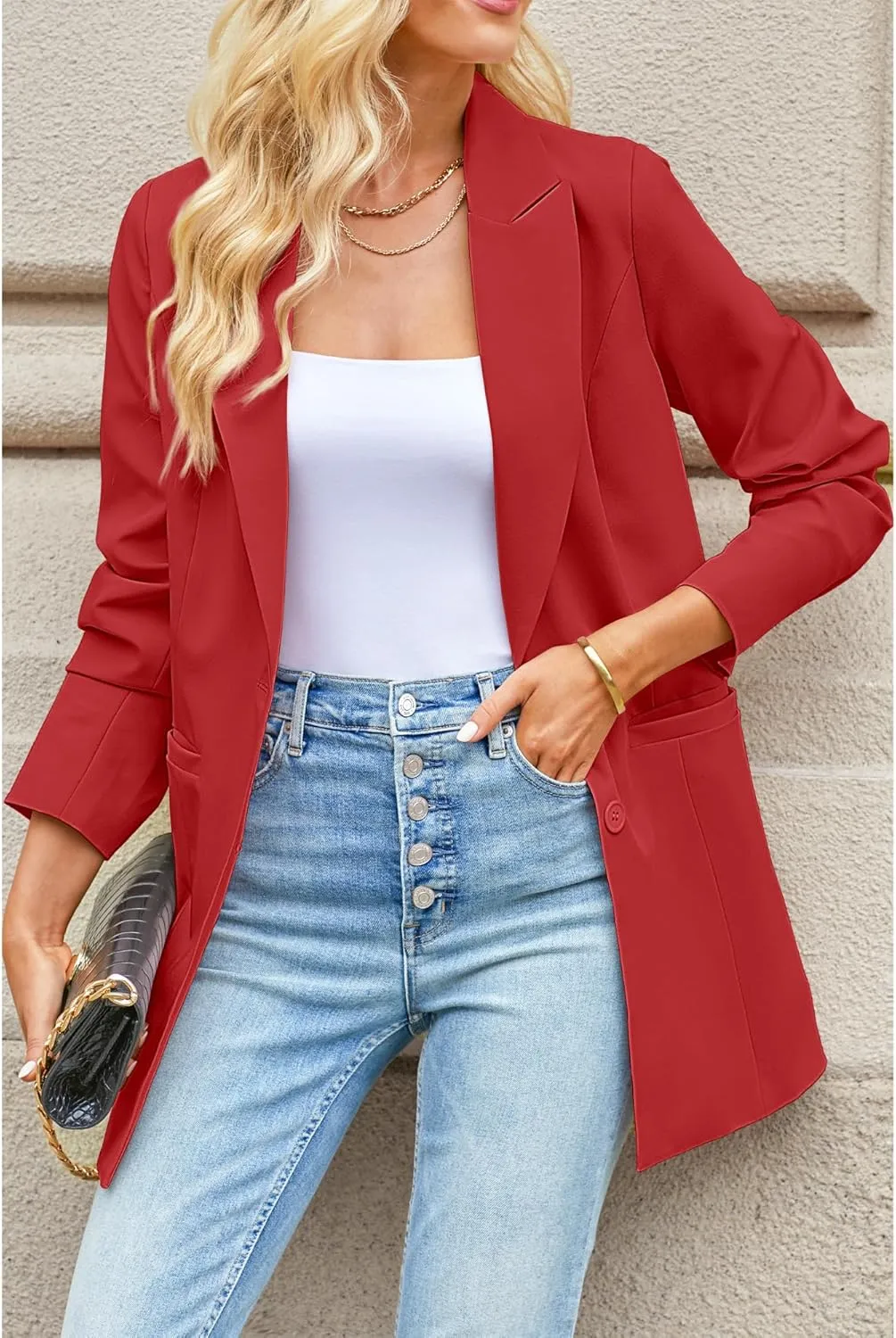 luvamia Blazers for Women Business Casual Long Blazer Jackets Dressy Work Professional Office Outfits Lapel Pockets