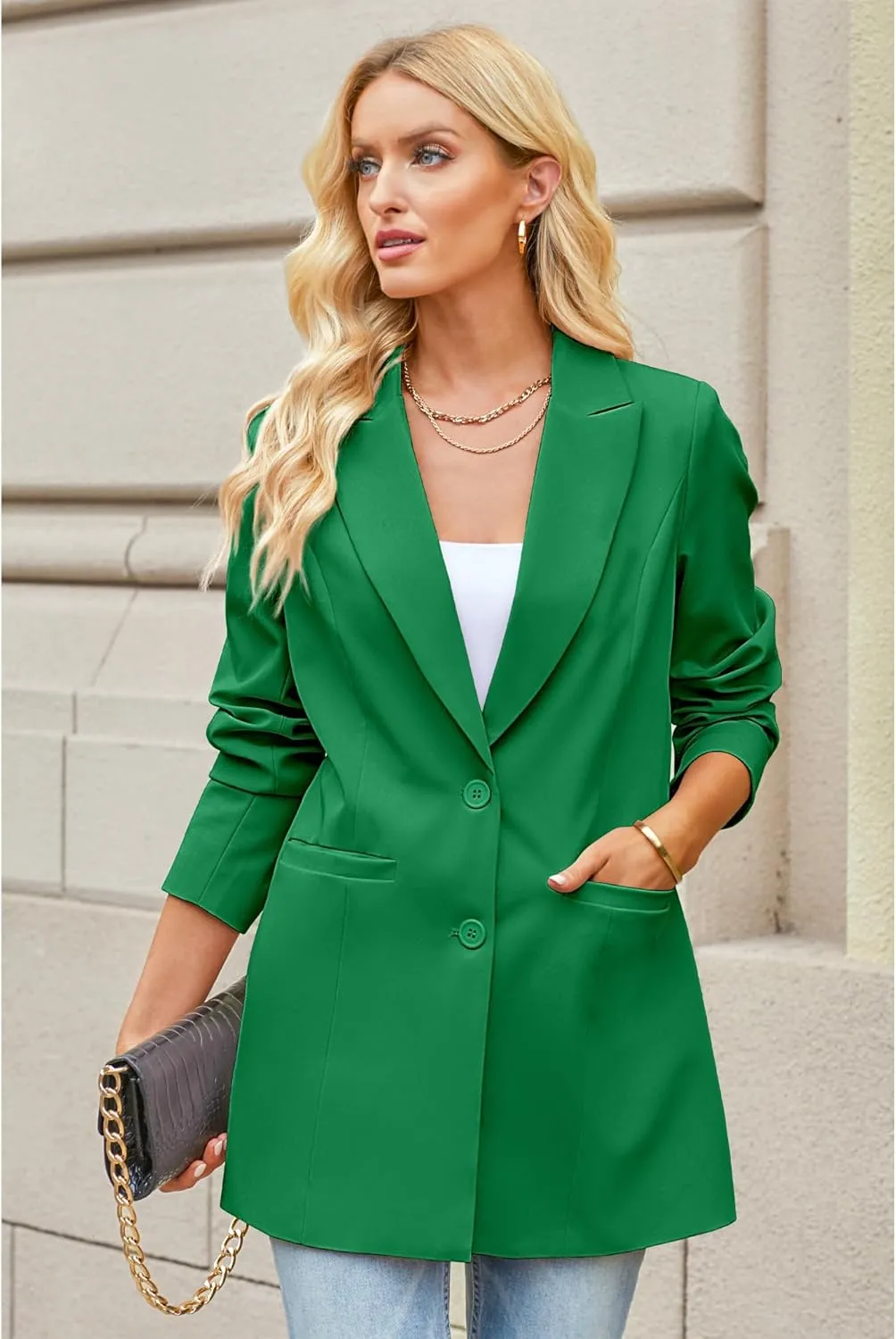 luvamia Blazers for Women Business Casual Long Blazer Jackets Dressy Work Professional Office Outfits Lapel Pockets