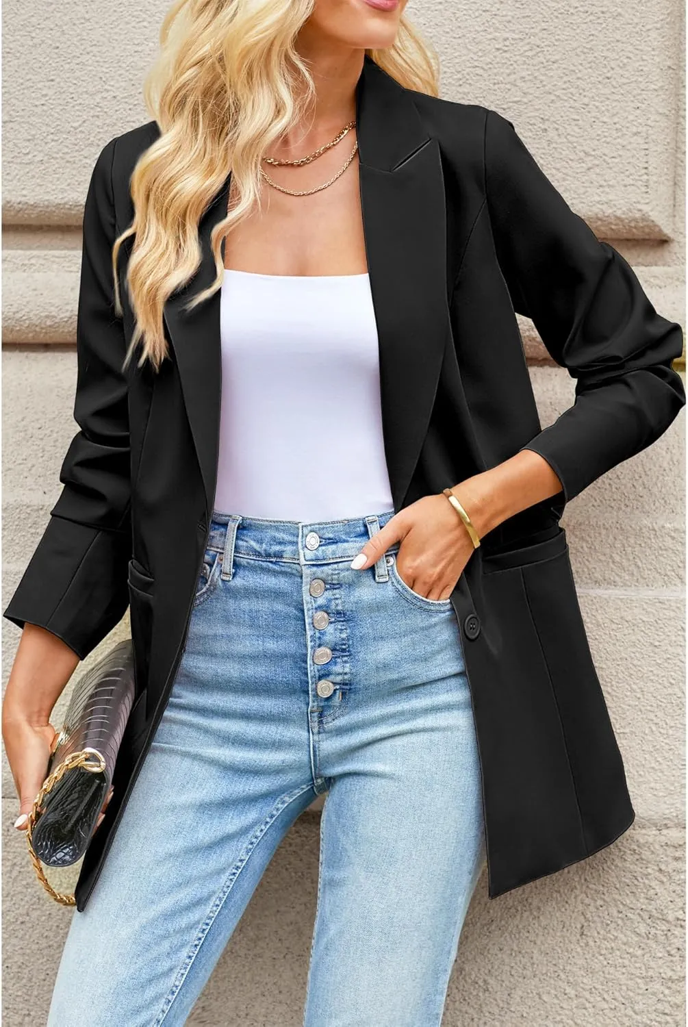 luvamia Blazers for Women Business Casual Long Blazer Jackets Dressy Work Professional Office Outfits Lapel Pockets