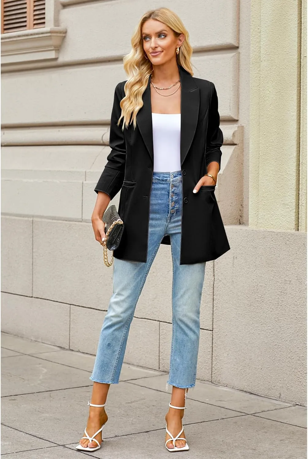 luvamia Blazers for Women Business Casual Long Blazer Jackets Dressy Work Professional Office Outfits Lapel Pockets