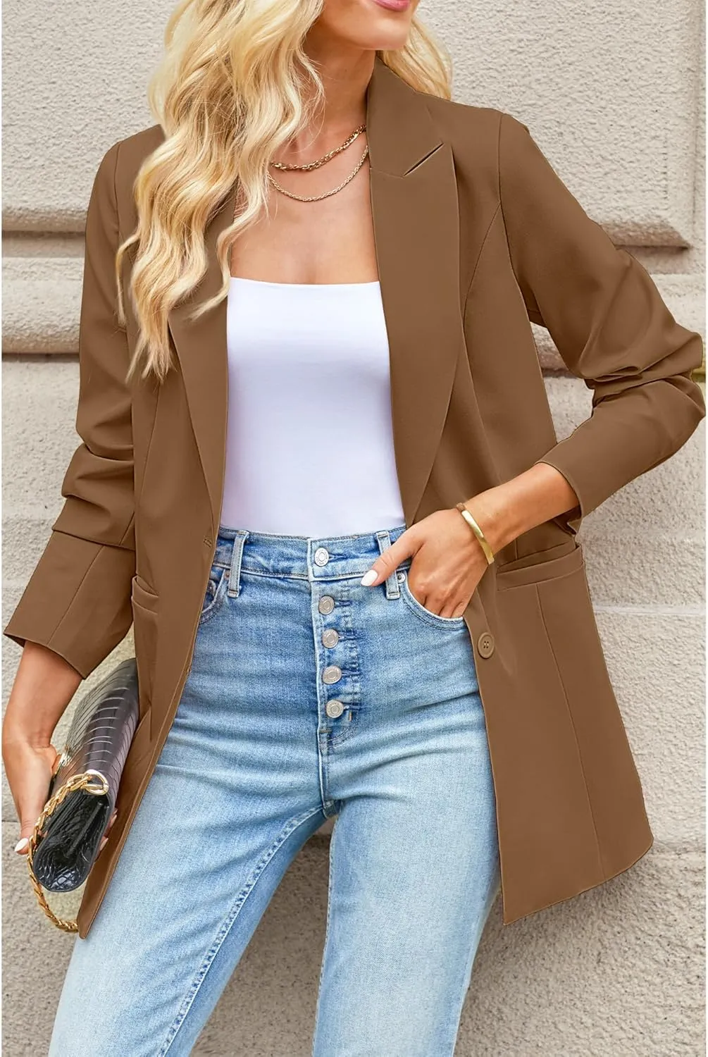 luvamia Blazers for Women Business Casual Long Blazer Jackets Dressy Work Professional Office Outfits Lapel Pockets