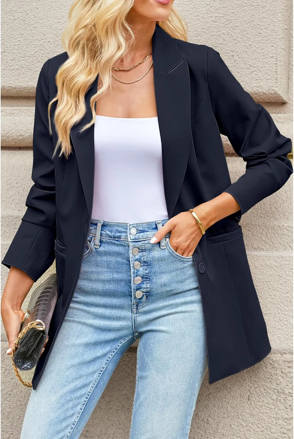 luvamia Blazers for Women Business Casual Long Blazer Jackets Dressy Work Professional Office Outfits Lapel Pockets