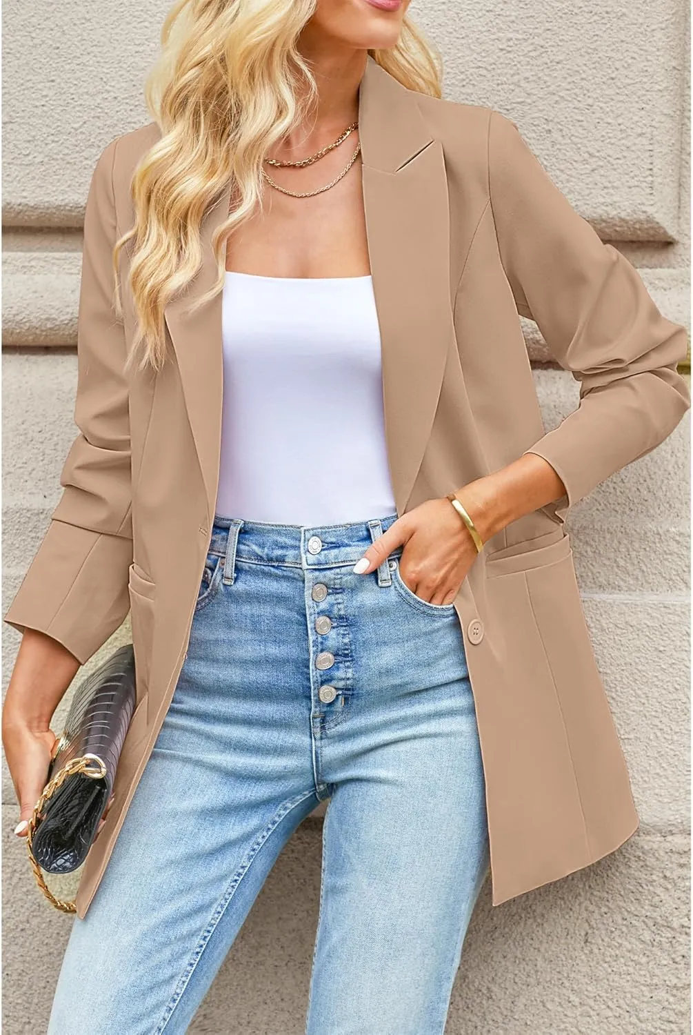 luvamia Blazers for Women Business Casual Long Blazer Jackets Dressy Work Professional Office Outfits Lapel Pockets