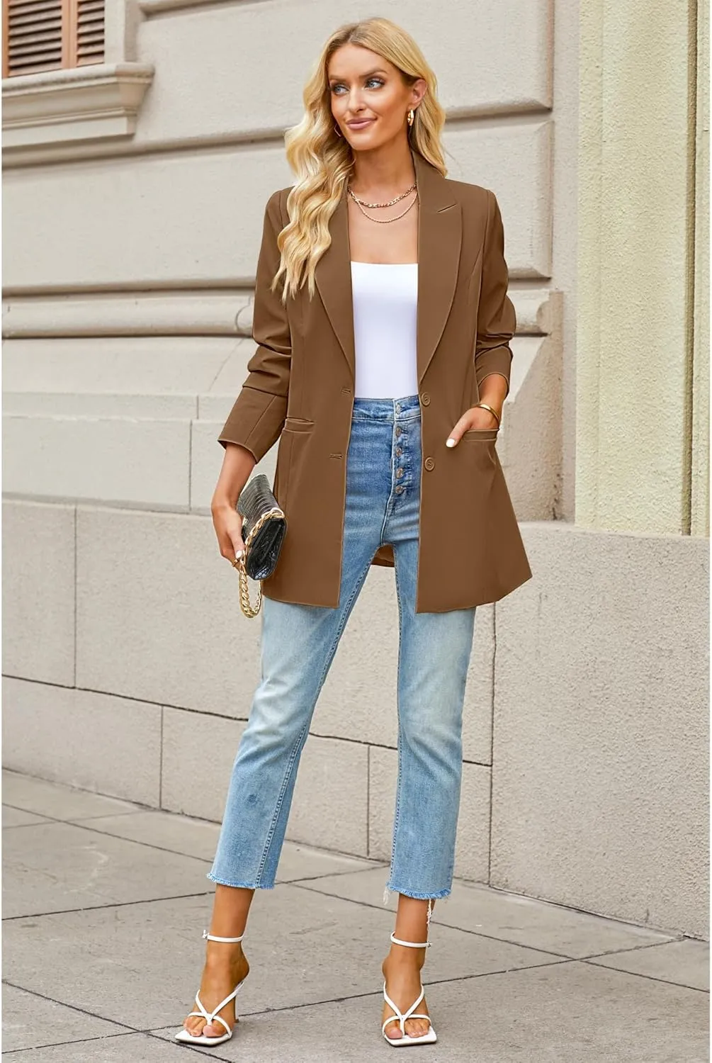 luvamia Blazers for Women Business Casual Long Blazer Jackets Dressy Work Professional Office Outfits Lapel Pockets