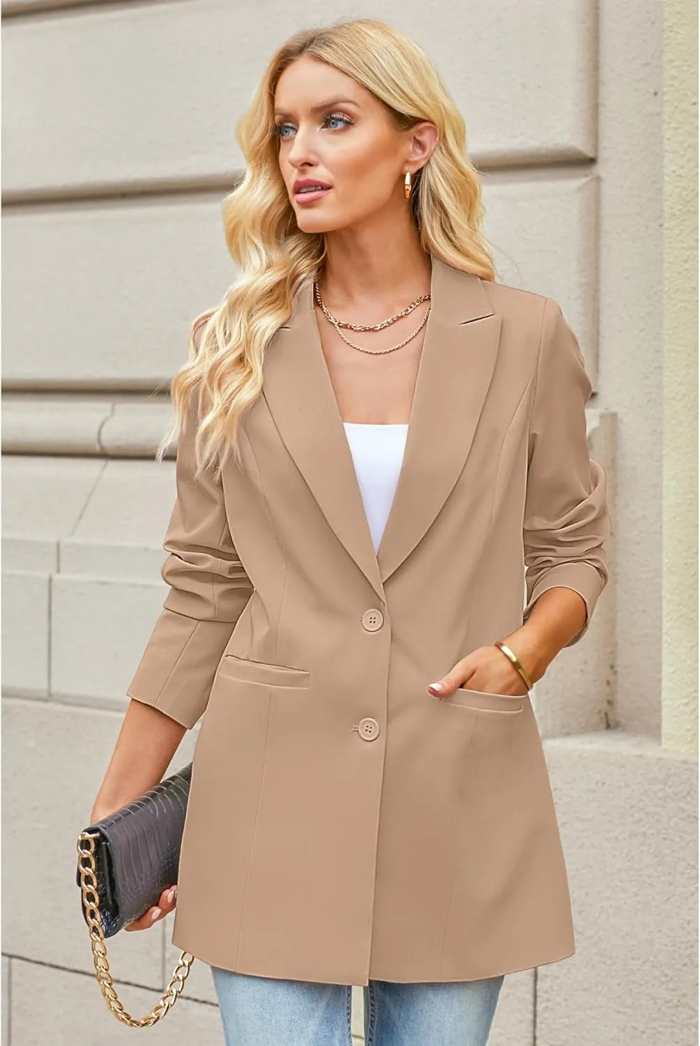luvamia Blazers for Women Business Casual Long Blazer Jackets Dressy Work Professional Office Outfits Lapel Pockets