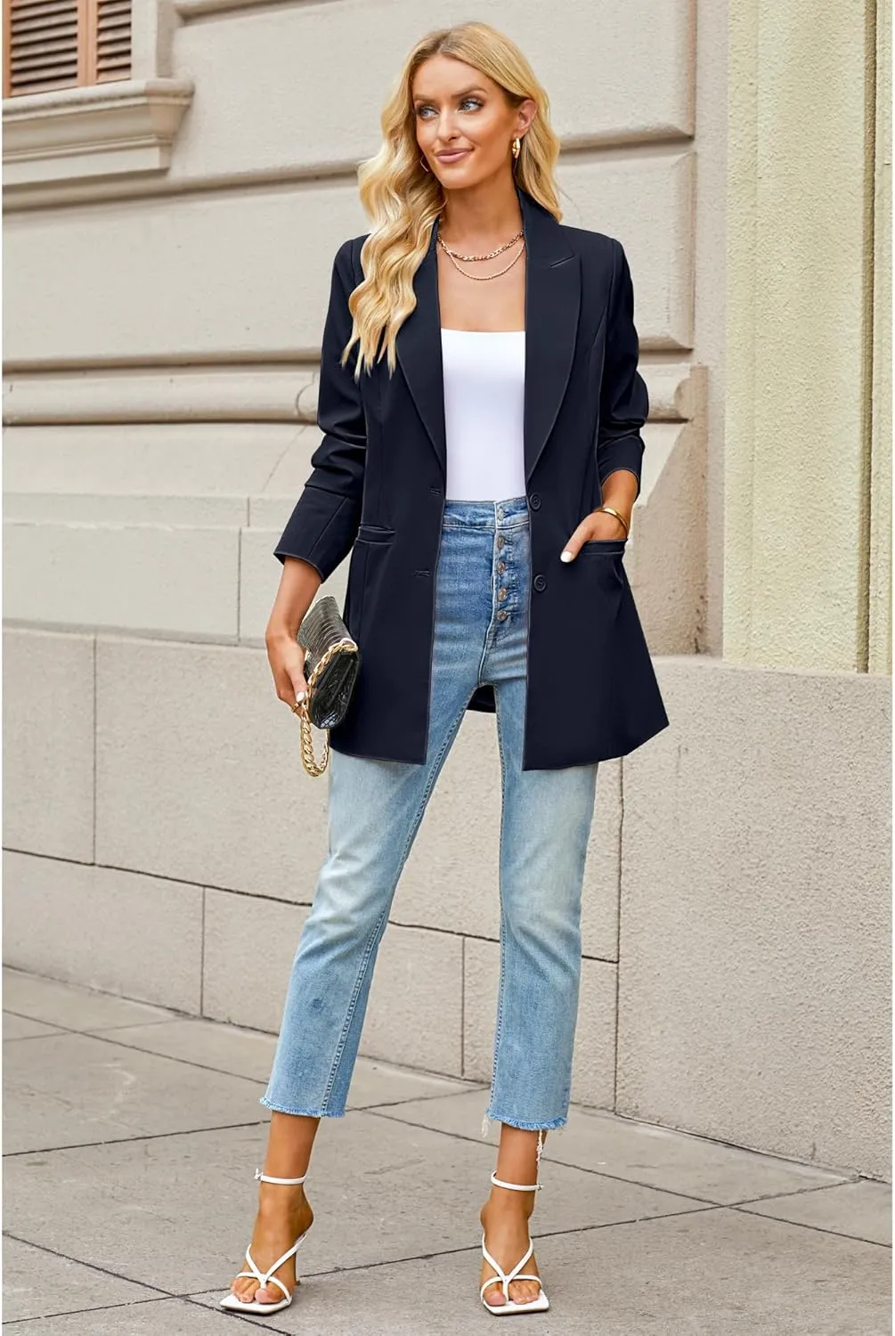 luvamia Blazers for Women Business Casual Long Blazer Jackets Dressy Work Professional Office Outfits Lapel Pockets
