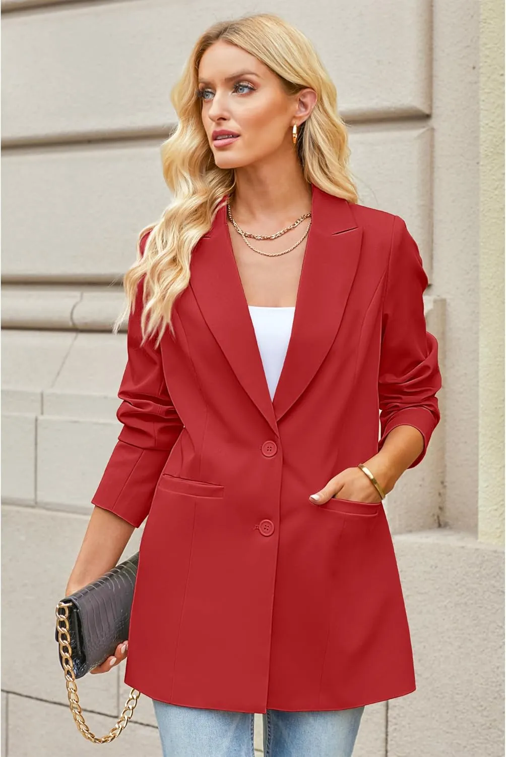 luvamia Blazers for Women Business Casual Long Blazer Jackets Dressy Work Professional Office Outfits Lapel Pockets