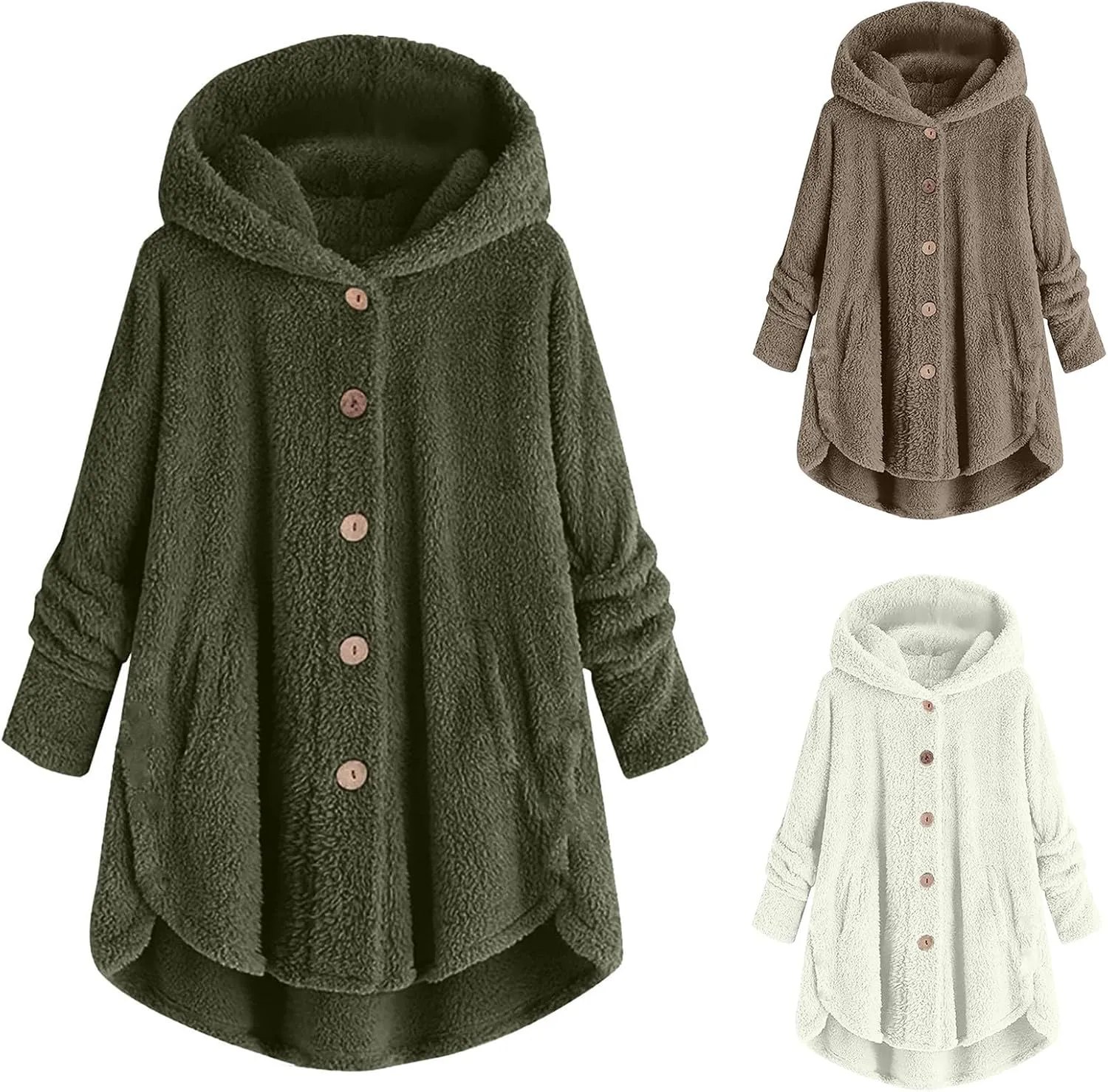 maisdgop Fleece Jacket Women Long Sleeve Sherpa Hooded Coats Winter Fall Warm Fuzzy Jackets Plus Size Button Plush Outerwear