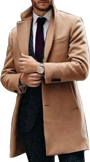Maiyifu-GJ Men Notched Lapel Wool Trench Coat Classic Single Breasted Mid Long Pea Coats Winter Warm Slim Business Overcoat