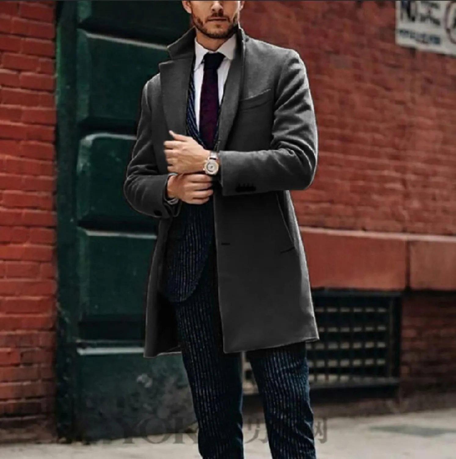 Maiyifu-GJ Men Notched Lapel Wool Trench Coat Classic Single Breasted Mid Long Pea Coats Winter Warm Slim Business Overcoat