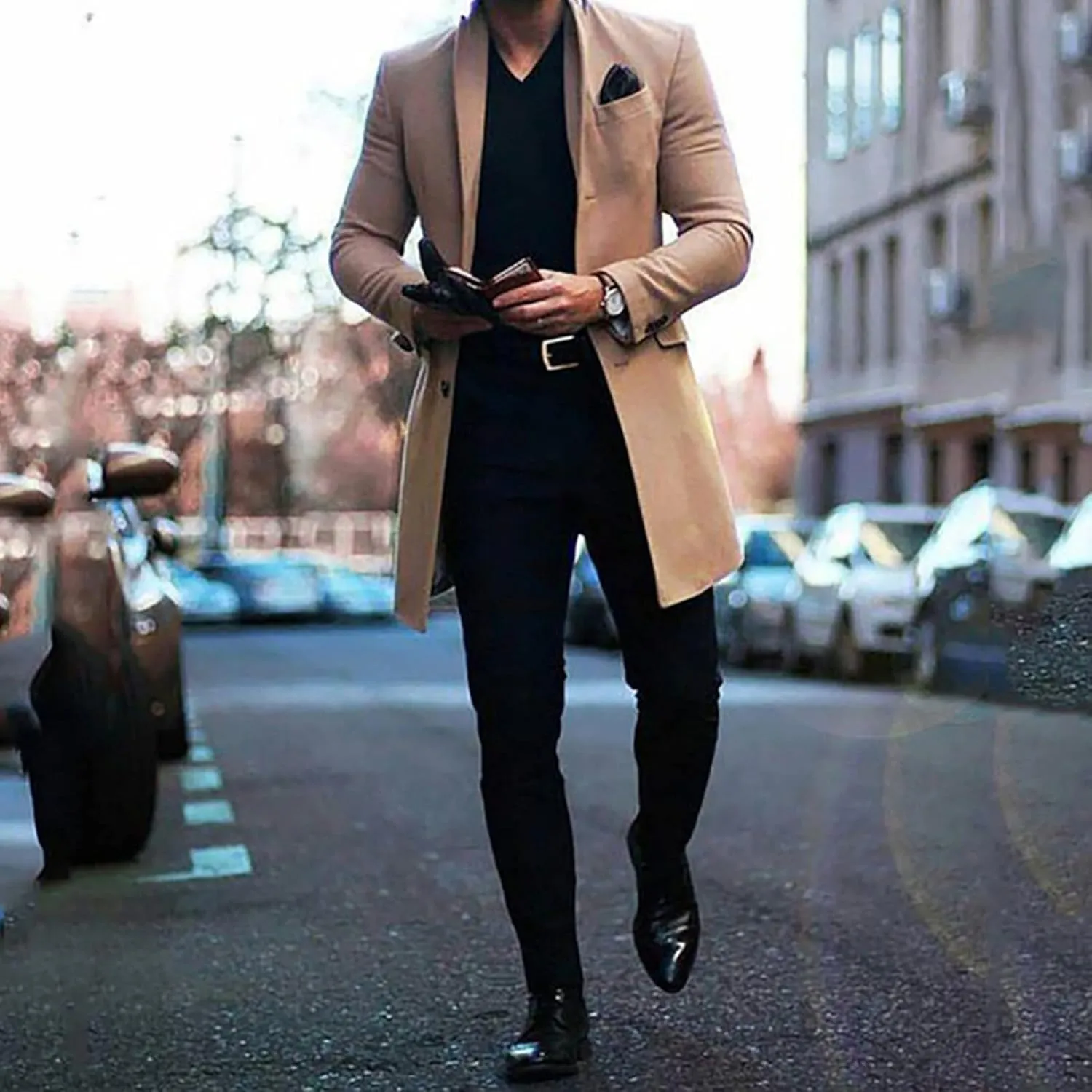 Maiyifu-GJ Men Notched Lapel Wool Trench Coat Classic Single Breasted Mid Long Pea Coats Winter Warm Slim Business Overcoat