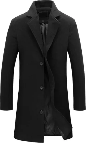 Maiyifu-GJ Men's Full Length Wool Blend Coat Single Breasted Quilted Lined Trench Overcoat Winter Windproof Business Jacket