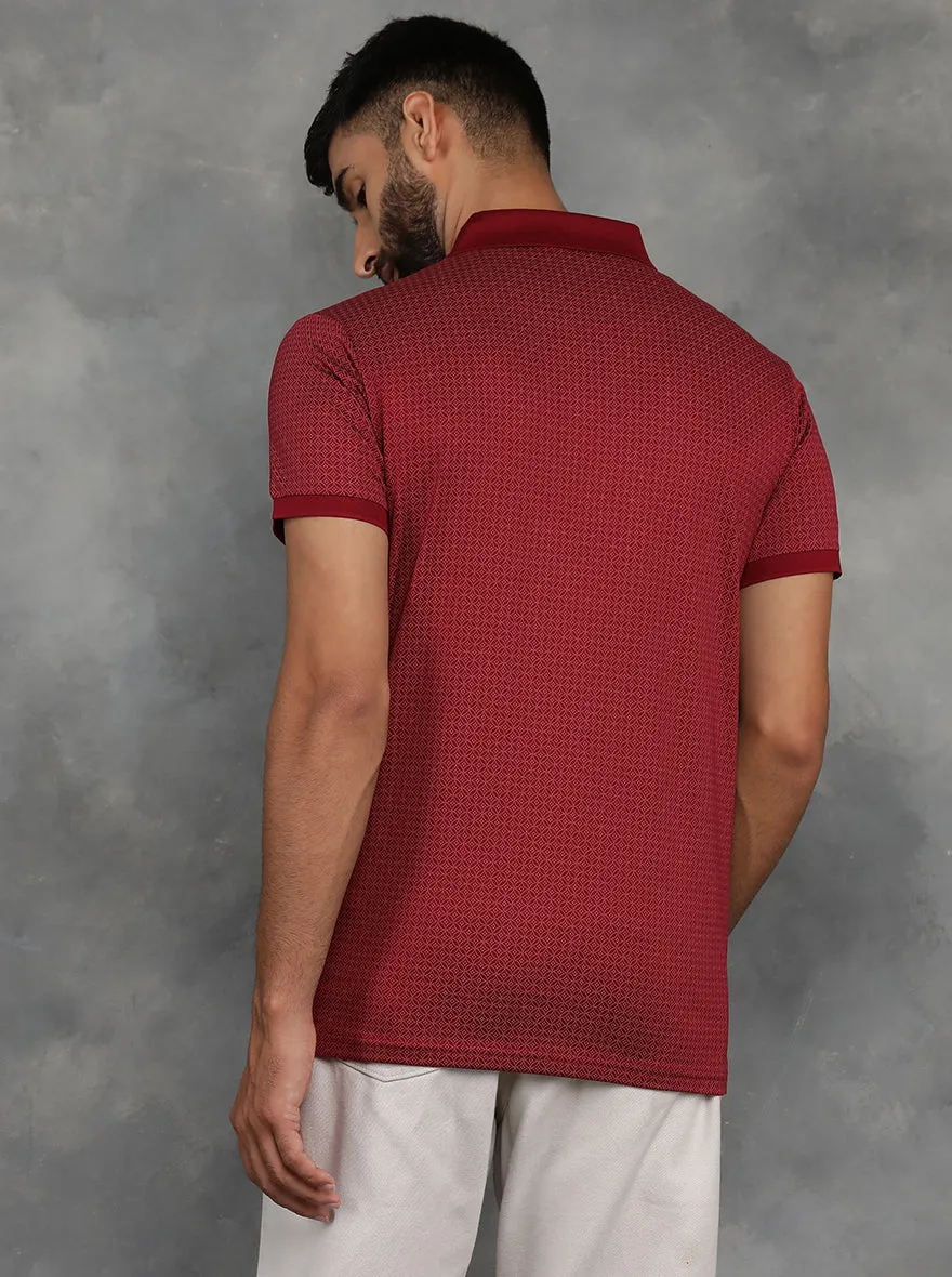 Maroon Printed Regular Fit Polo T-Shirt | JadeBlue