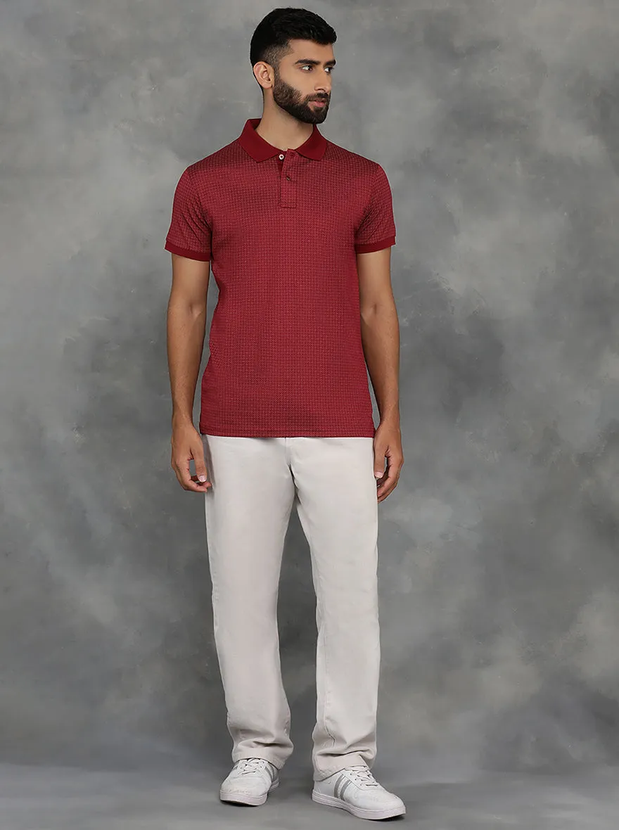 Maroon Printed Regular Fit Polo T-Shirt | JadeBlue