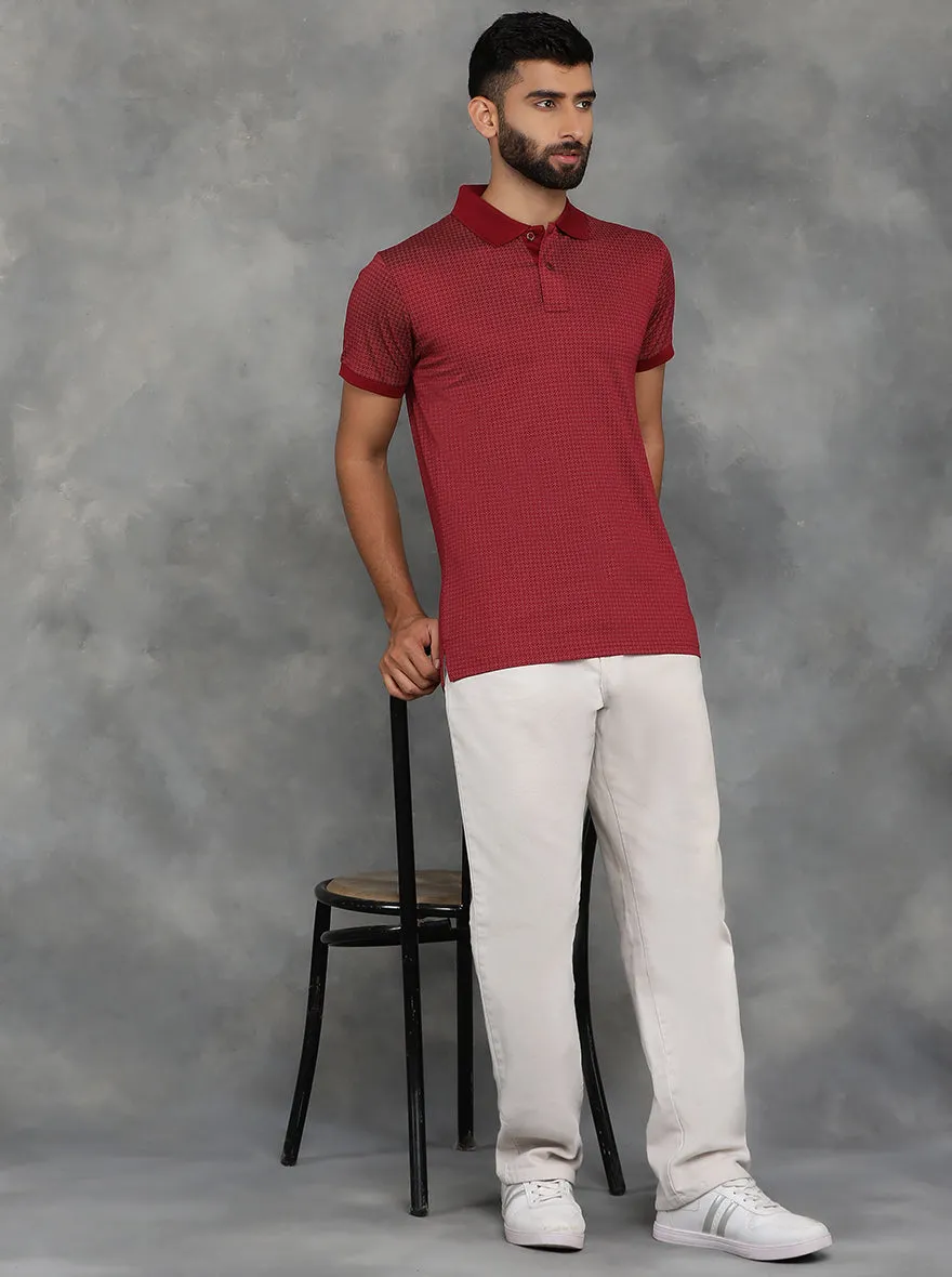 Maroon Printed Regular Fit Polo T-Shirt | JadeBlue