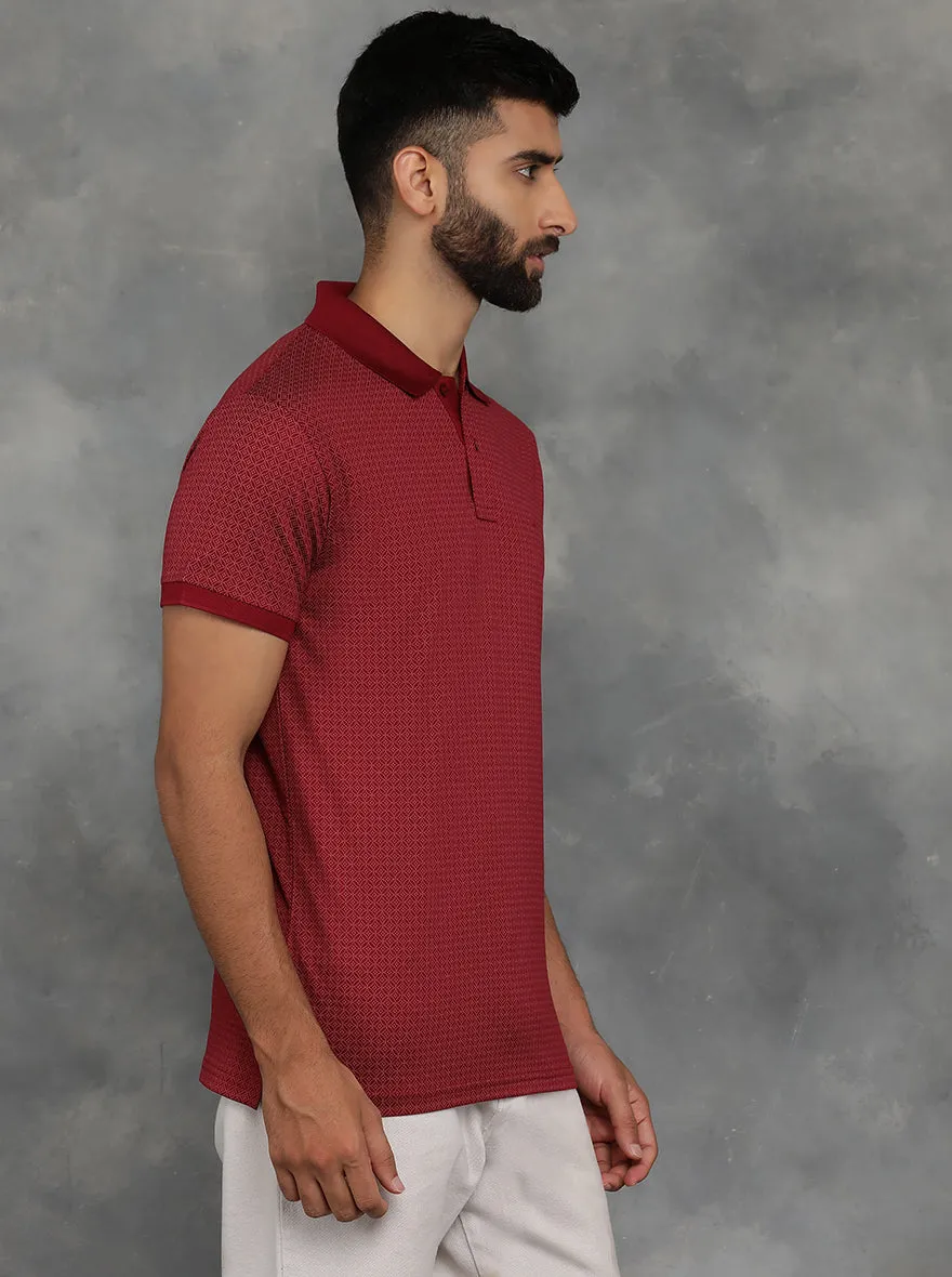 Maroon Printed Regular Fit Polo T-Shirt | JadeBlue