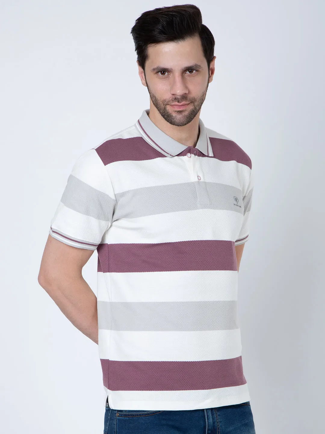 Men Polo Striper Lycra White Wine T-Shirt