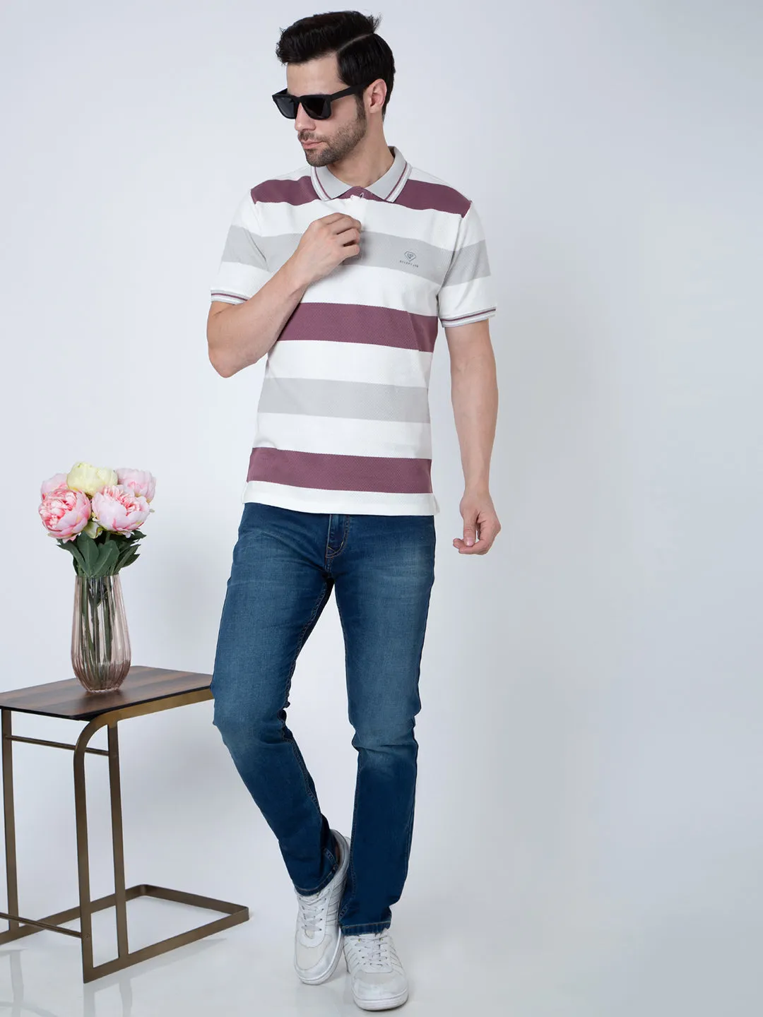 Men Polo Striper Lycra White Wine T-Shirt