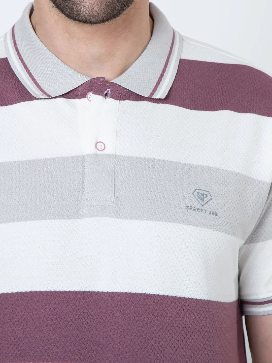 Men Polo Striper Lycra White Wine T-Shirt