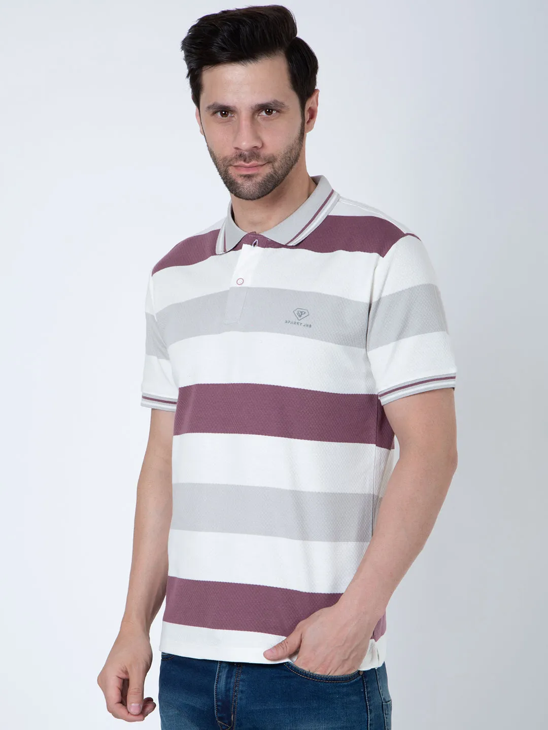 Men Polo Striper Lycra White Wine T-Shirt