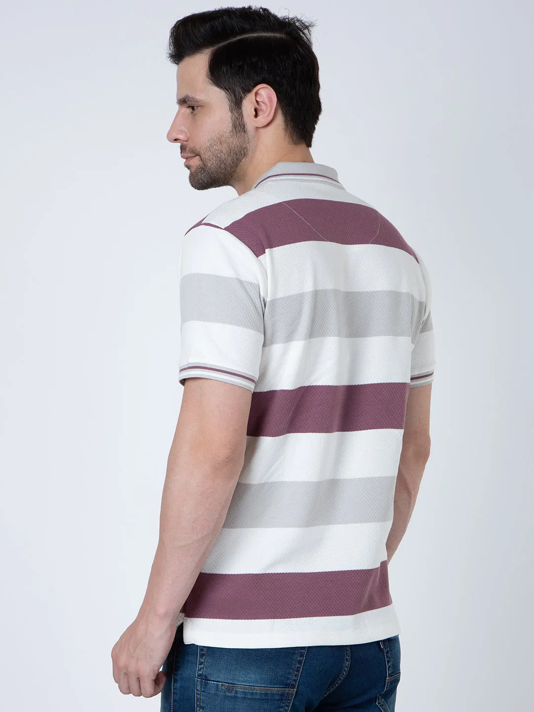 Men Polo Striper Lycra White Wine T-Shirt