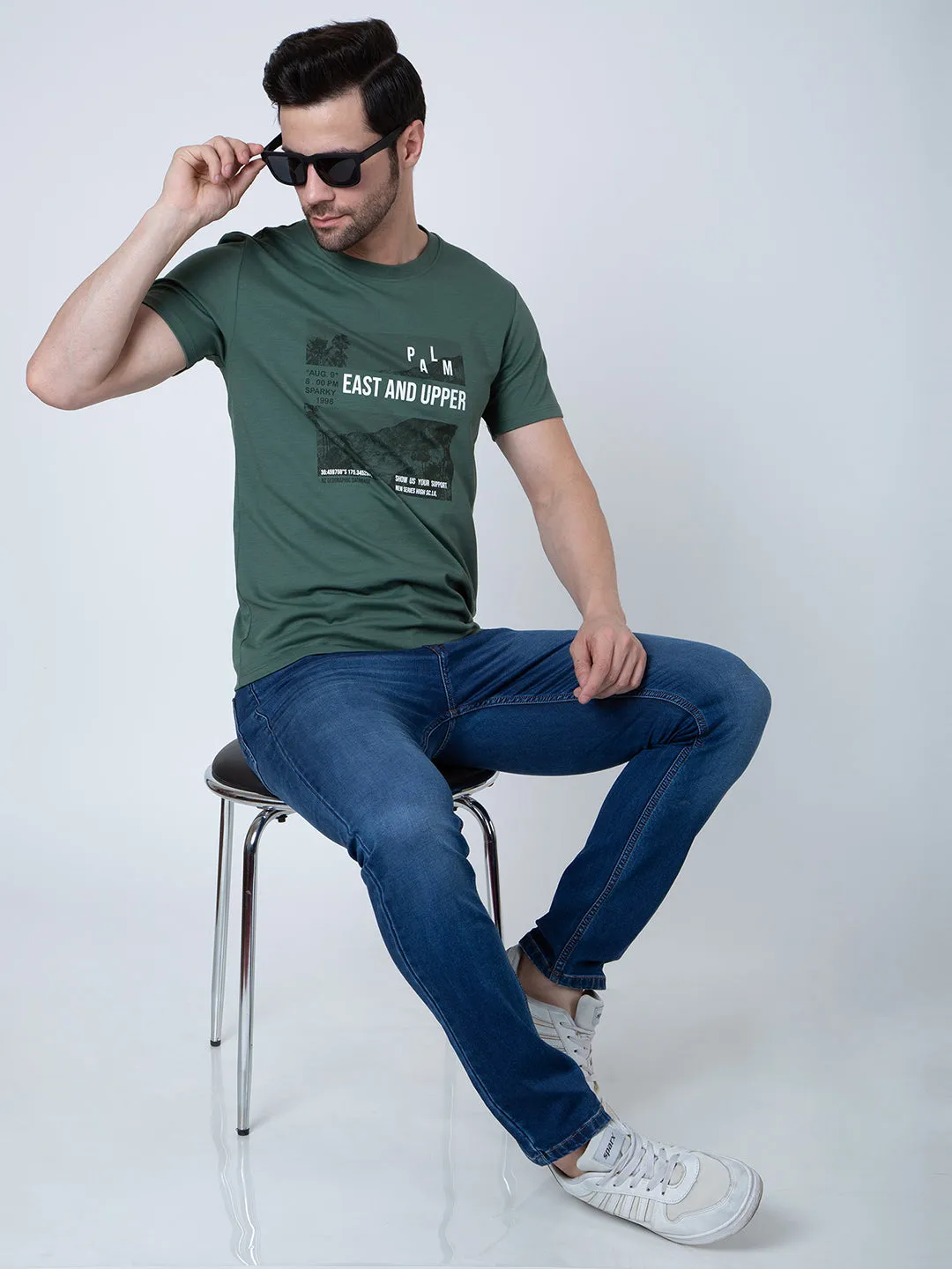 Men Round Neck Green T-Shirt