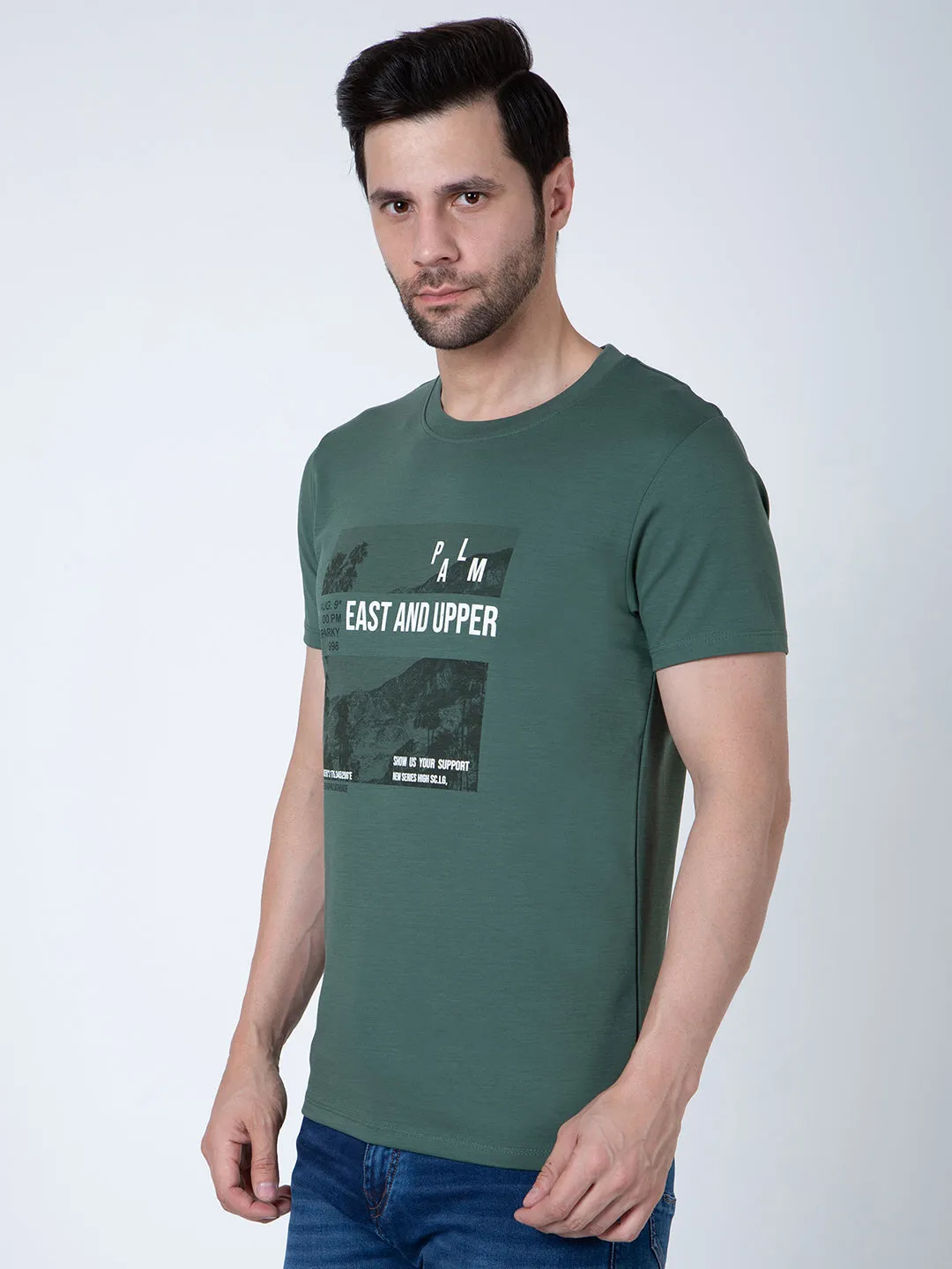 Men Round Neck Green T-Shirt
