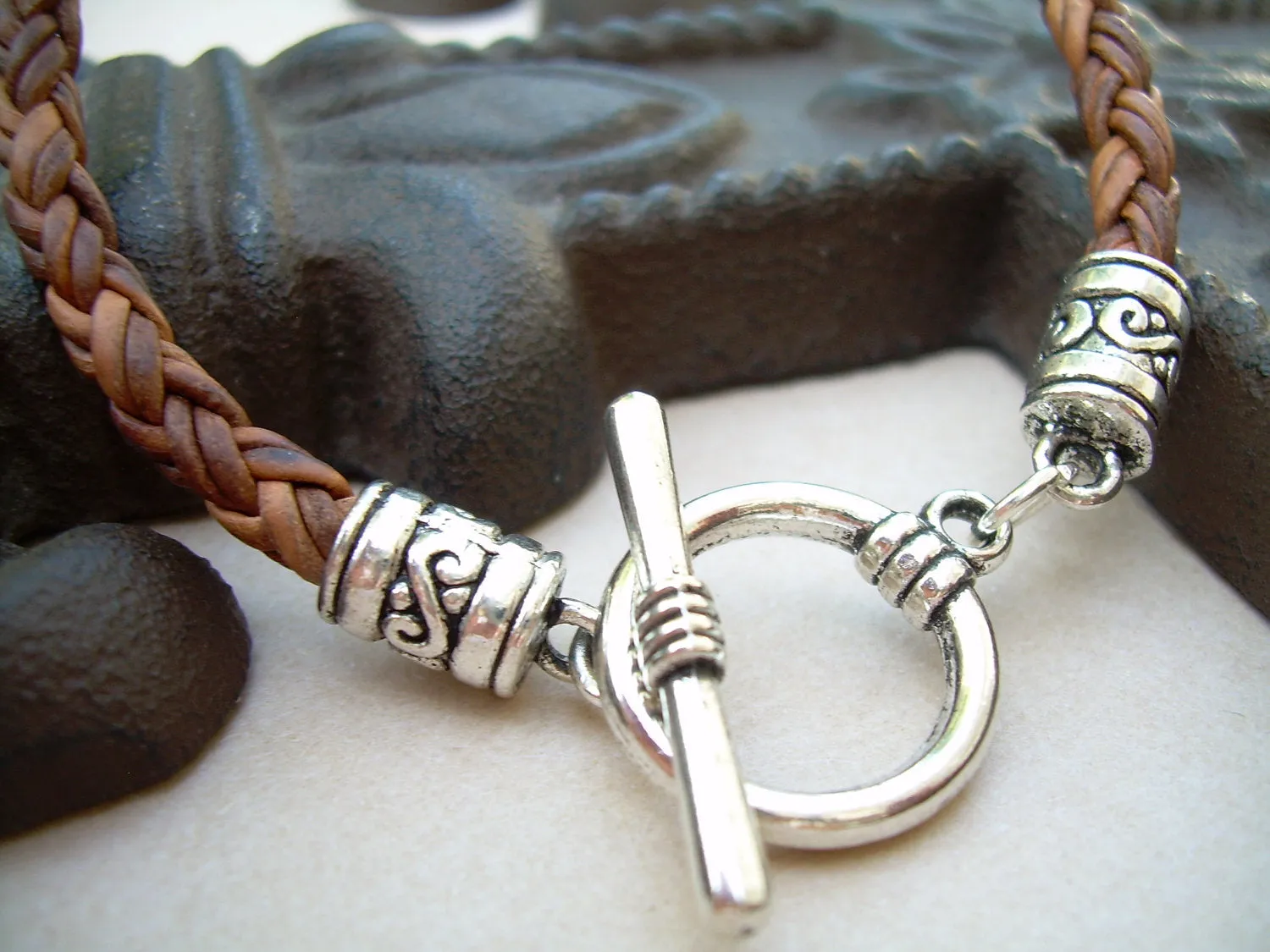 Mens Bracelet, Leather Bracelet, Natural Light Brown Braided, Toggle Clasp,  Mens Jewelry, Womens Bracelet, Womens Jewelry