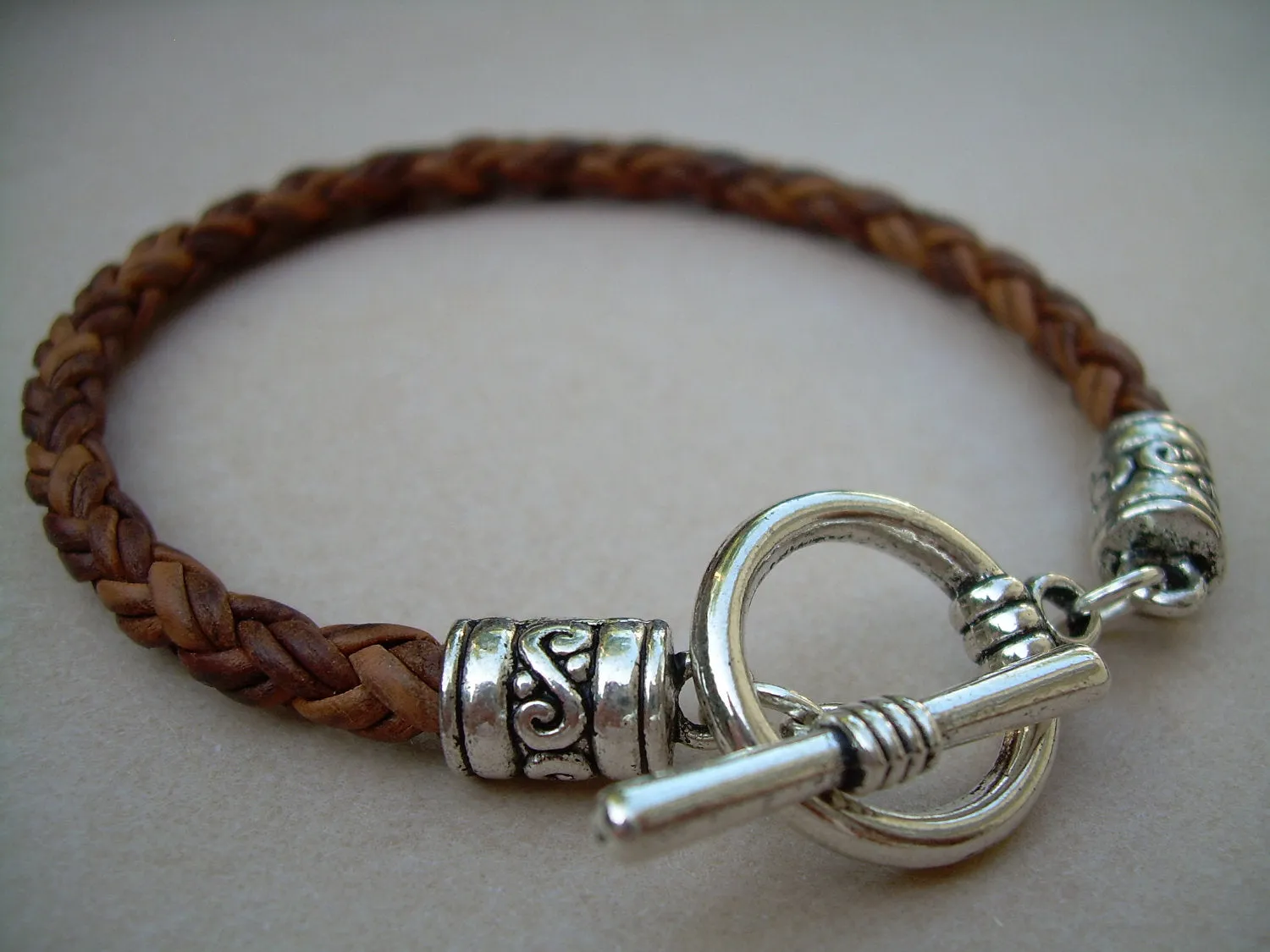 Mens Bracelet, Leather Bracelet, Natural Light Brown Braided, Toggle Clasp,  Mens Jewelry, Womens Bracelet, Womens Jewelry