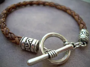 Mens Bracelet, Leather Bracelet, Natural Light Brown Braided, Toggle Clasp,  Mens Jewelry, Womens Bracelet, Womens Jewelry