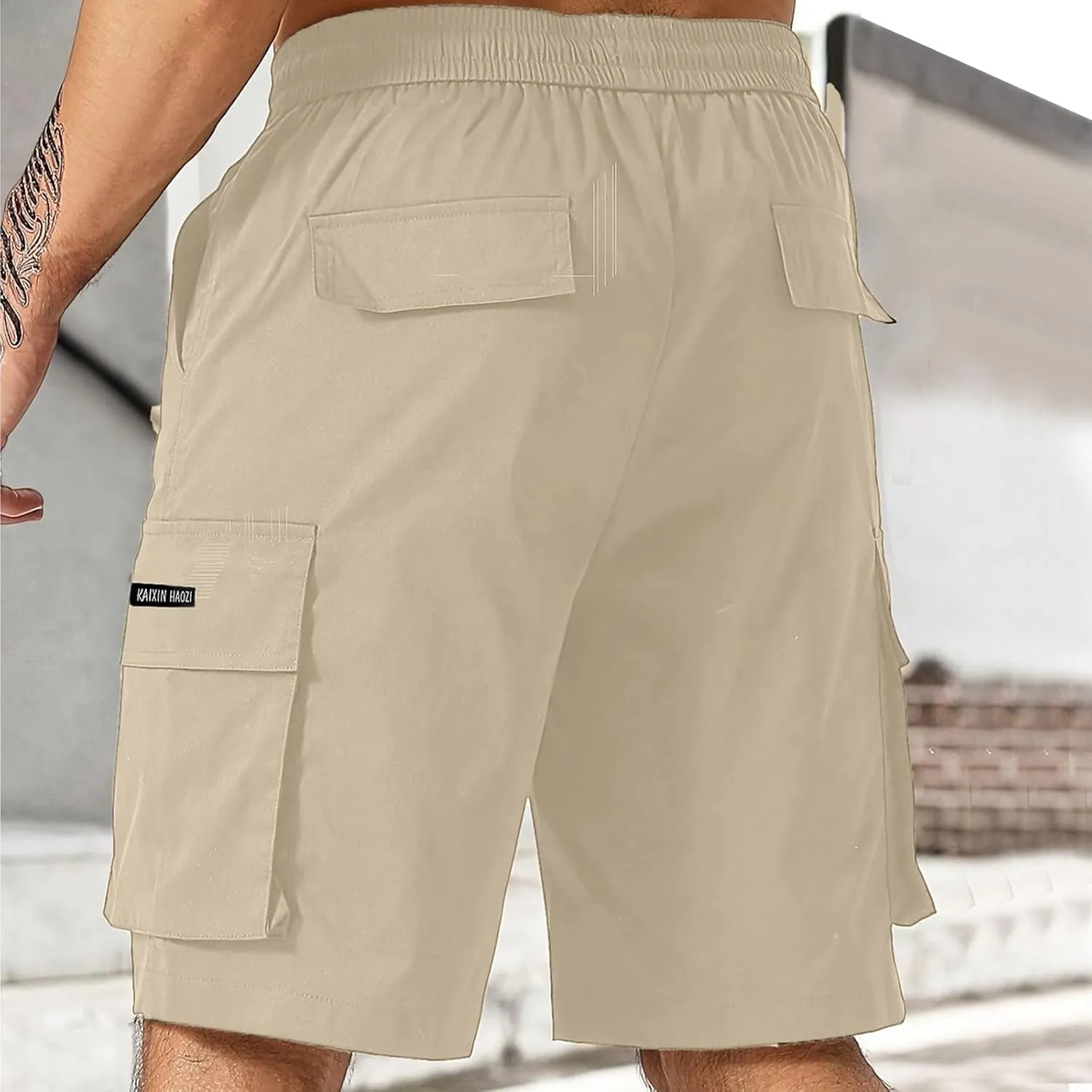 Men's Cargo Shorts Slim Fit Elastic Waist Hiking Long Shorts Drawstring Big Tall Golf Gym Work Pants Multi Pockets