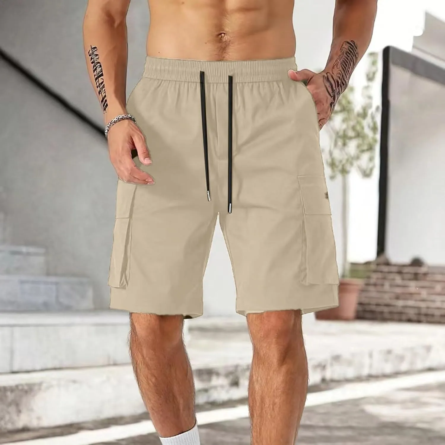 Men's Cargo Shorts Slim Fit Elastic Waist Hiking Long Shorts Drawstring Big Tall Golf Gym Work Pants Multi Pockets