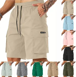 Men's Cargo Shorts Slim Fit Elastic Waist Hiking Long Shorts Drawstring Big Tall Golf Gym Work Pants Multi Pockets