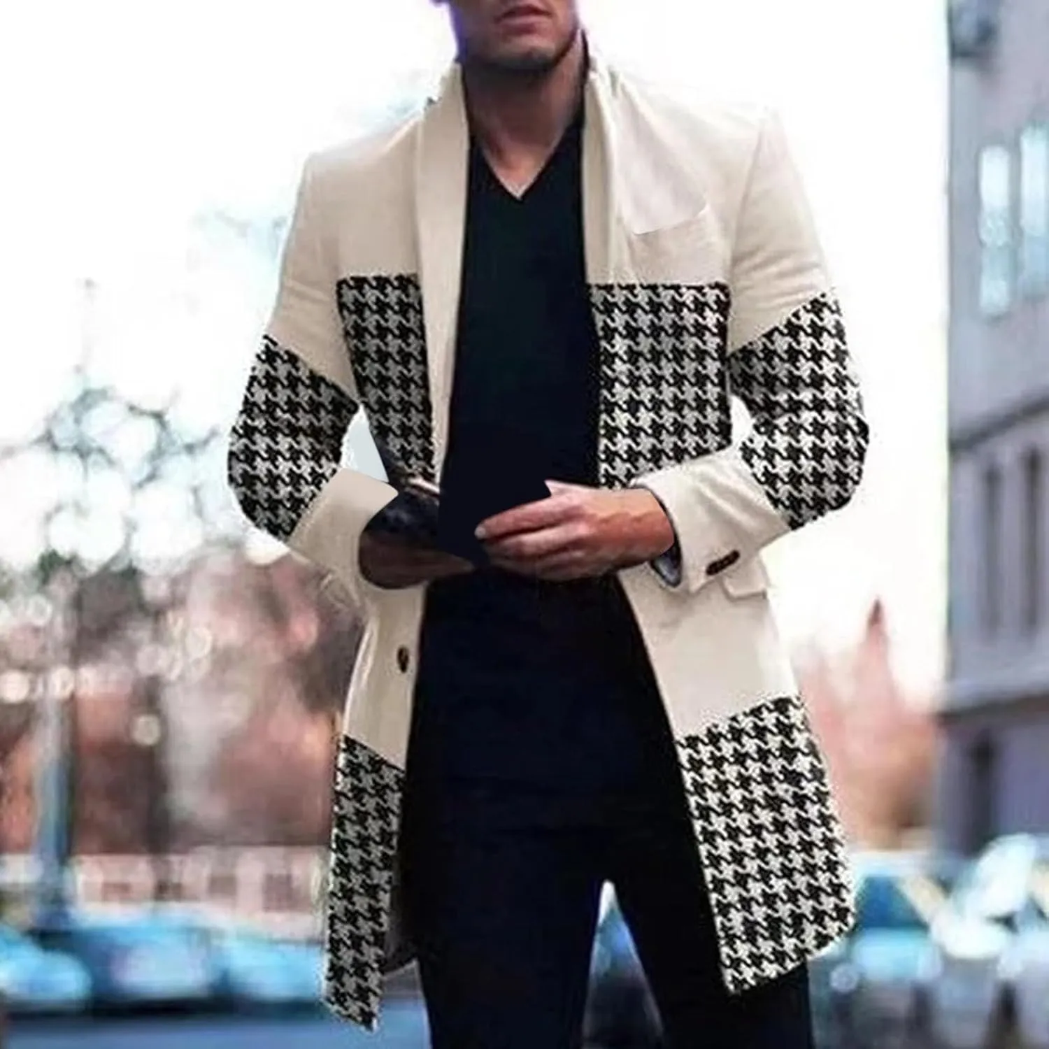 Mens Casual Trench Coat Slim Fit Notched Collar Long Woolen Jacket Overcoat Single Breasted Blazer Pea Coat wih Pocket