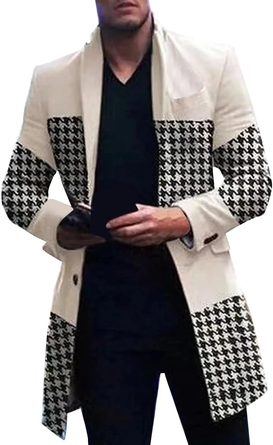 Mens Casual Trench Coat Slim Fit Notched Collar Long Woolen Jacket Overcoat Single Breasted Blazer Pea Coat wih Pocket