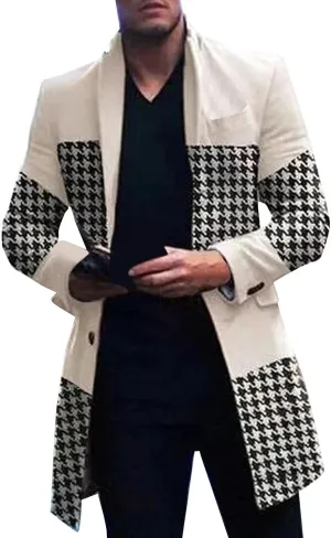 Mens Casual Trench Coat Slim Fit Notched Collar Long Woolen Jacket Overcoat Single Breasted Blazer Pea Coat wih Pocket