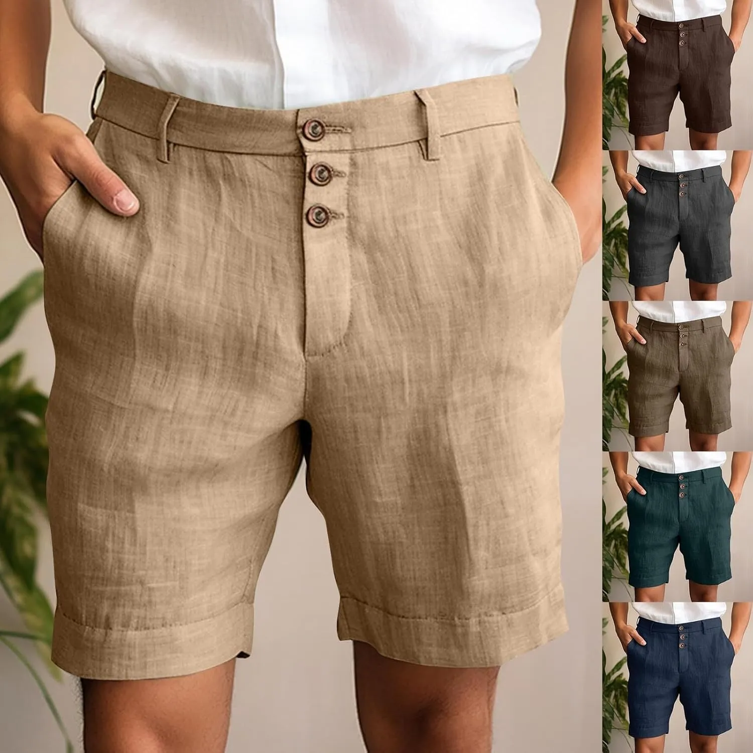 Mens Cotton Linen Flat Front Shorts Business Casual Dress Pants Button Up Closure Elastic Waist Summer Beach Slim Fit Shorts