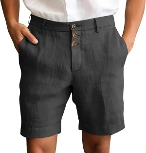 Mens Cotton Linen Flat Front Shorts Business Casual Dress Pants Button Up Closure Elastic Waist Summer Beach Slim Fit Shorts