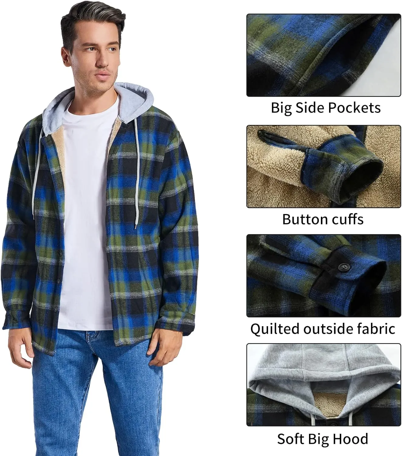 Men's Cotton Plaid Shirts Jacket Fleece Lined Flannel Shirts Sherpa Button Down Jackets with Hood for Men