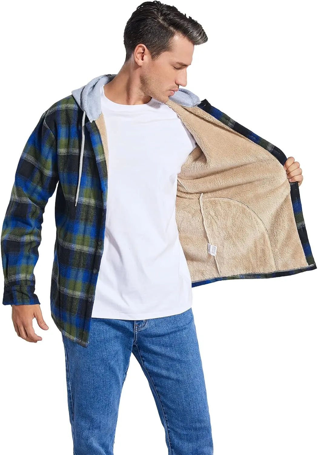 Men's Cotton Plaid Shirts Jacket Fleece Lined Flannel Shirts Sherpa Button Down Jackets with Hood for Men