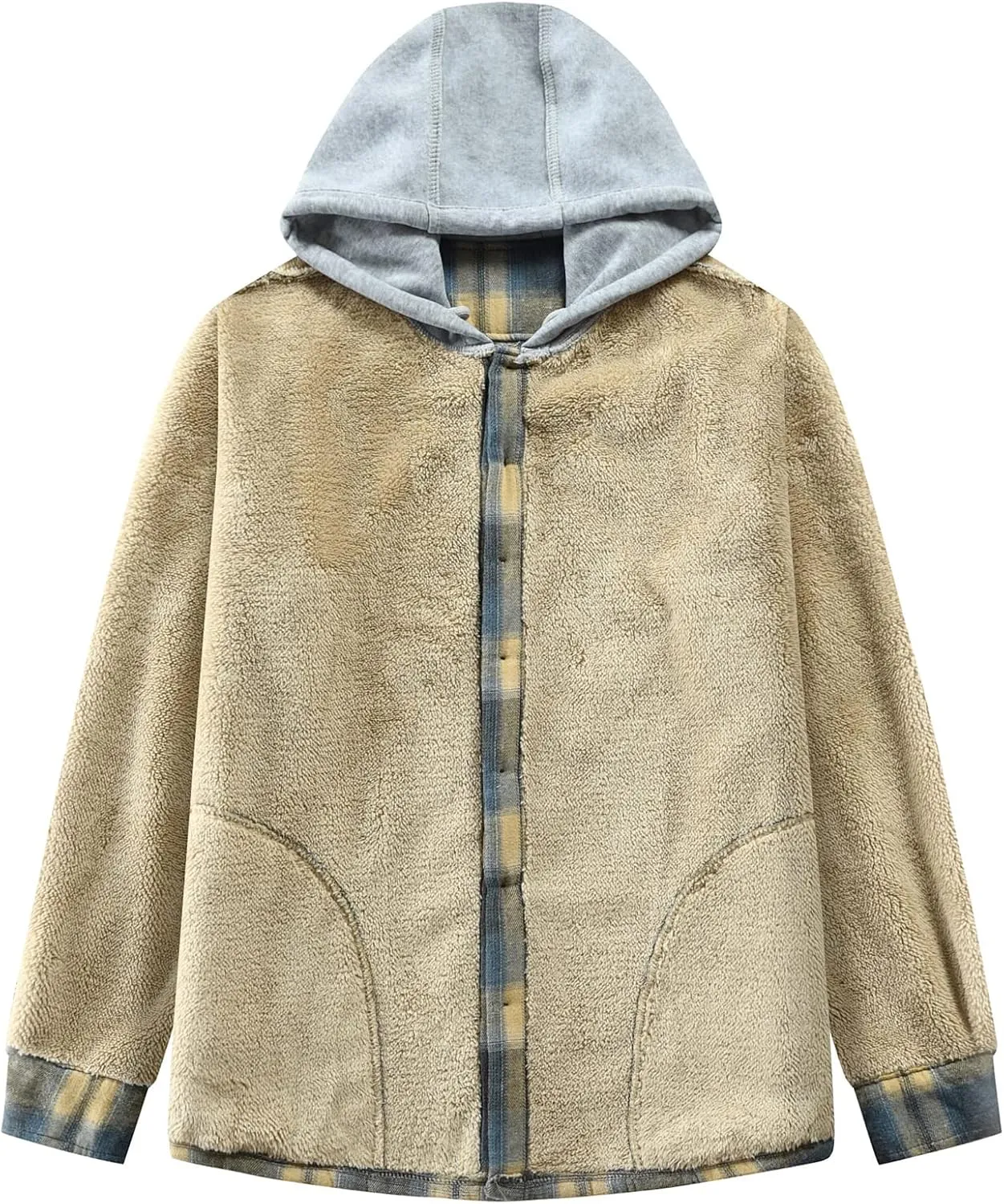 Men's Cotton Plaid Shirts Jacket Fleece Lined Flannel Shirts Sherpa Button Down Jackets with Hood for Men